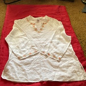 Shirt of linen, 3/4 sleeve by Judith Hart Collection tunic style orange floral